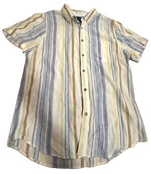 LUCKY BRAND Men’s Striped Short Sleeve Button Up Linen Rayon Pocket Shirt Size S